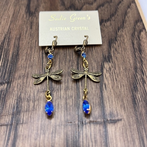Blue Austrian Crystal Dragonfly Earrings. Brass Findings Dangling Earrings Blue - Picture 3 of 11